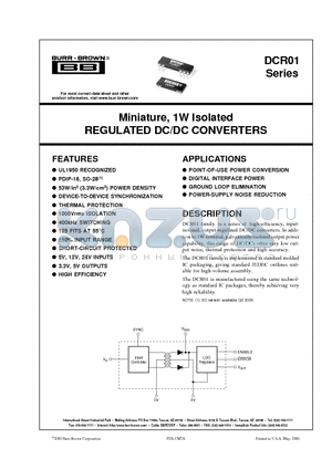 DCR01 datasheet - Miniature, 1W Isolated REGULATED DC/DC CONVERTERS
