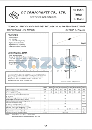 FR152G datasheet - TECHNICAL SPECIFICATIONS OF FAST RECOVERY GLASS PASSIVATED RECTIFIER