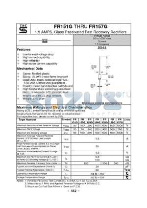 FR152G datasheet - 1.5 AMPS. Glass Passivated Fast Recovery Rectifiers