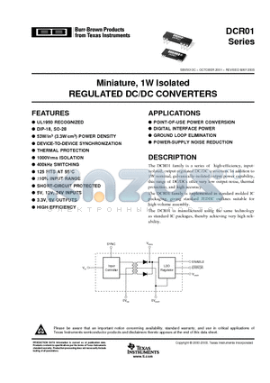 DCR011205P datasheet - Miniature, 1W Isolated REGULATED DC/DC CONVERTERS