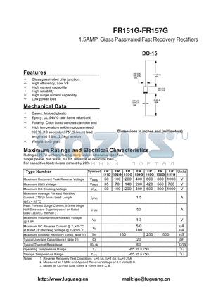 FR152G datasheet - 1.5AMP. Glass Passivated Fast Recovery Rectifiers