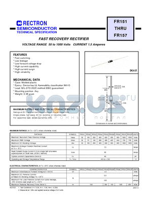 FR153 datasheet - FAST RECOVERY RECTIFIER (VOLTAGE RANGE 50 to 1000 Volts CURRENT 1.5 Amperes)