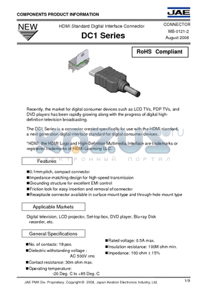 DCR019JBE400 datasheet - HDMI Standard Digital Interface Connector