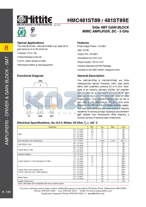481ST89E datasheet - SiGe HBT GAIN BLOCK MMIC AMPLIFIER, DC - 5 GHz