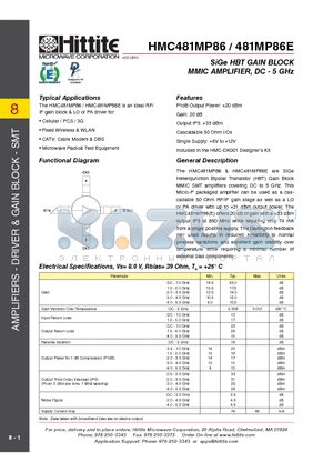 481MP86E datasheet - SiGe HBT GAIN BLOCK MMIC AMPLIFIER, DC - 5 GHz