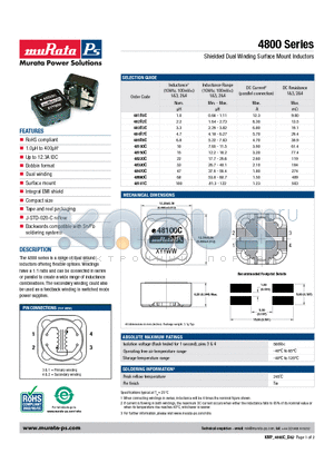 481R0C datasheet - Shielded Dual Winding Surface Mount Inductors