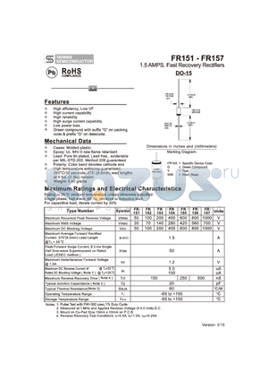 FR153 datasheet - 1.5 AMPS. Fast Recovery Rectifiers