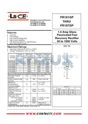 FR153GP datasheet - 1.5Amp Glass Passivated Fast Recovery Rectifier 50 to 1000 volts