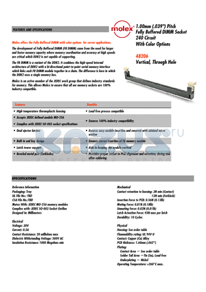 48206-0003 datasheet - Fully Buffered DIMM Socket 240 CircuitWith Color Options