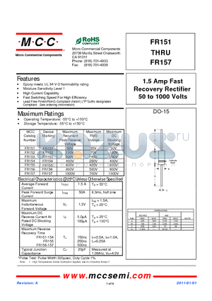 FR154 datasheet - 1.5 Amp Fast Recovery Rectifier 50 to 1000 Volts