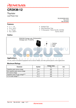 CR3KM-12 datasheet - Thyristor Low Power Use
