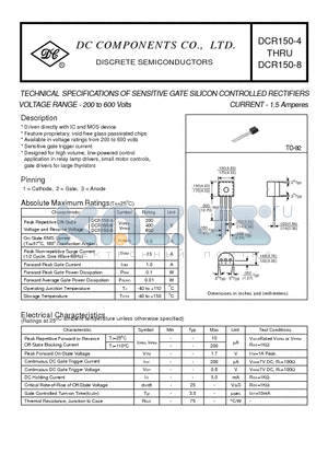 DCR150-4 datasheet - TECHNICAL SPECIFICATIONS OF SENSITIVE GATE SILICON CONTROLLED RECTIFIERS VOLTAGE RANGE - 200 to 600 Volts