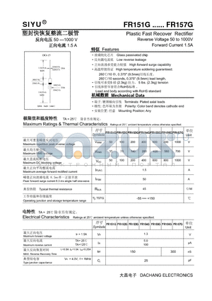 FR155G datasheet - Plastic Fast Recover Rectifier Reverse Voltage 50 to 1000V Forward Current 1.5A