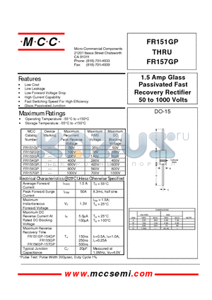 FR155GP datasheet - 1.5 Amp Glass Passivated Fast Recovery Rectifier 50 to 1000 Volts