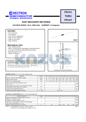 FR155P datasheet - FAST RECOVERY RECTIFIER (VOLTAGE RANGE 50 to 1000 Volts CURRENT 1.5 Amperes)