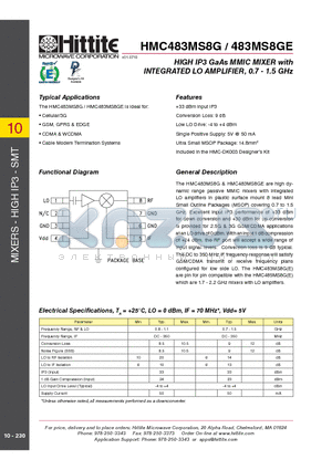 483MS8GE datasheet - HIGH IP3 GaAs MMIC MIXER with INTEGRATED LO AMPLIFIER, 0.7 - 1.5 GHz