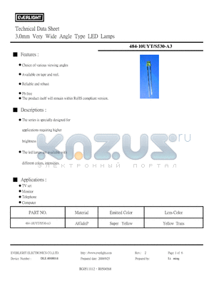 484-10UYT-S530-A3 datasheet - 3.0mm Very Wide Angle Type LED Lamps