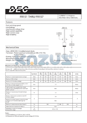 FR156 datasheet - CURRENT 1.5 Amperes VOLTAGE 50 to 1000 Volts