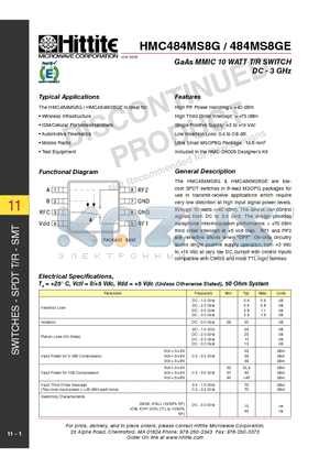 484MS8GE datasheet - GaAs MMIC 10 WATT T/R SWITCH DC - 3 GHz