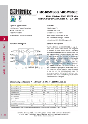 485MS8GE datasheet - HIGH IP3 GaAs MMIC MIXER with INTEGRATED LO AMPLIFIER, 1.7 - 2.4 GHz