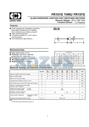 FR156G datasheet - GLASS PASSIVATED JUNCTION FAST SWITCHING RECTIFIER