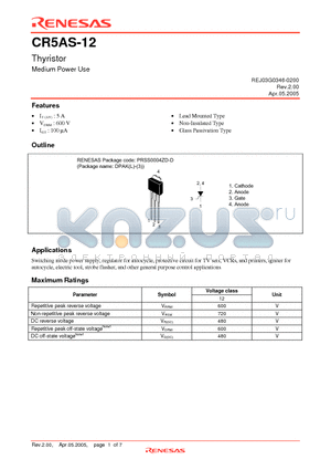 CR5AS-12 datasheet - Thyristor Medium Power Use