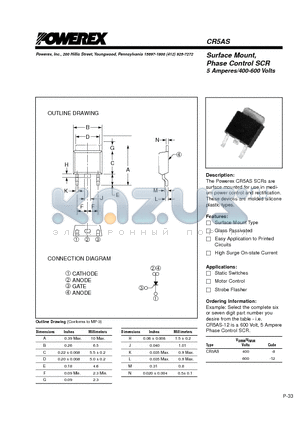 CR5AS400-12 datasheet - Surface Mount, Phase Control SCR 5 Amperes/400-600 Volts