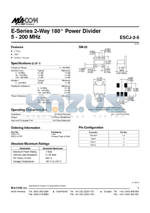 ESCJ-2-5TR datasheet - E-Series 2-Way 180 Power Divider 5 - 200 MHz