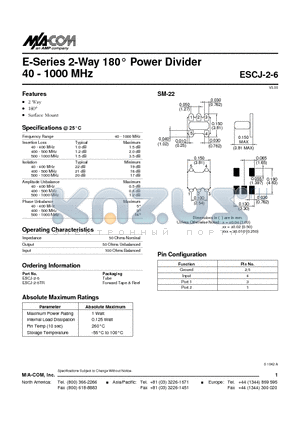 ESCJ-2-6 datasheet - E-Series 2-Way 180 Power Divider  40 - 1000 MHz