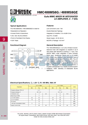 488MS8GE datasheet - GaAs MMIC MIXER W/ INTEGRATED LO AMPLIFIER, 4 - 7 GHz