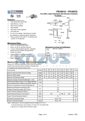 FR1603G datasheet - 16.0 AMPs. Glass Passivated Fast Recovery Rectifiers