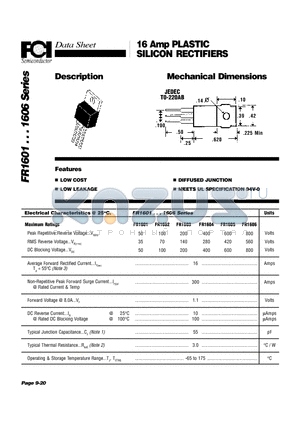 FR1604 datasheet - 16 Amp PLASTIC SILICON RECTIFIERS