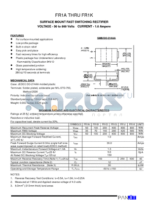 FR1A datasheet - SURFACE MOUNT FAST SWITCHING RECTIFIER(VOLTAGE - 50 to 800 Volts CURRENT - 1.0 Ampere)