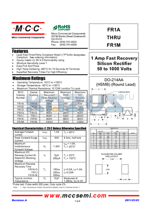 FR1A datasheet - 1 Amp Fast Recovery Silicon Rectifier 50 to 1000 Volts