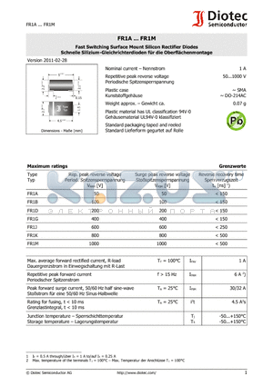 FR1A datasheet - Fast Switching Surface Mount Silicon Rectifier Diodes