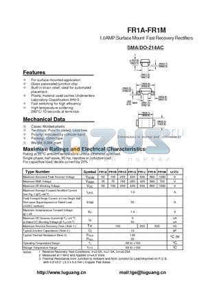 FR1A datasheet - 1.0AMP.Surface Mount Fast Recovery Rectifiers