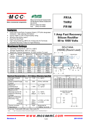FR1A_11 datasheet - 1 Amp Fast Recovery Silicon Rectifier 50 to 1000 Volts