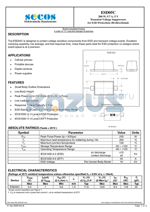 ESD05C datasheet - Transient Voltage Suppressors for ESD Protection (Bi-directional)