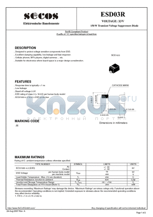 ESD03R datasheet - 150 W Transient Voltage Suppressors Diode