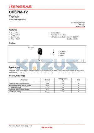 CR6PM-12 datasheet - Thyristor Medium Power Use
