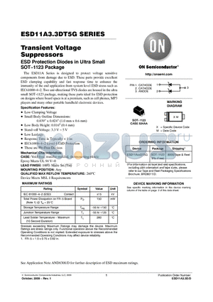 ESD11A3.3DT5G datasheet - Transient Voltage Suppressors ESD Protection Diodes in Ultra Small SOT−1123 Package