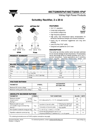 48CTQ060-1TRRPBF datasheet - Schottky Rectifier, 2 x 20 A