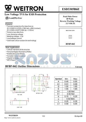 ESD3305B6E datasheet - Low Voltage TVS for ESD Protection