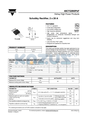 48CTQ060PBF datasheet - Schottky Rectifier, 2 x 20 A