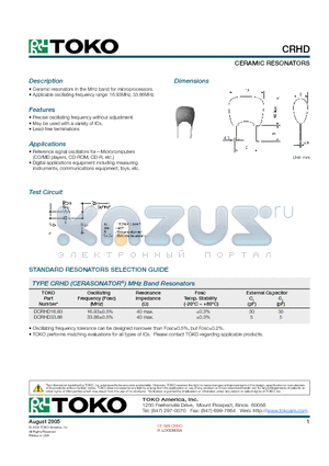 DCRHD16.93 datasheet - CERAMIC RESONATORS