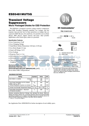 ESD5481MUT5G datasheet - Transient Voltage Suppressors Micro.Packaged Diodes for ESD Protection