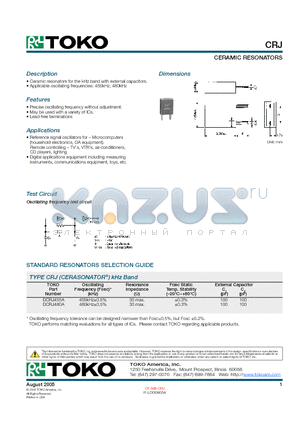 DCRJ480A datasheet - CERAMIC RESONATORS