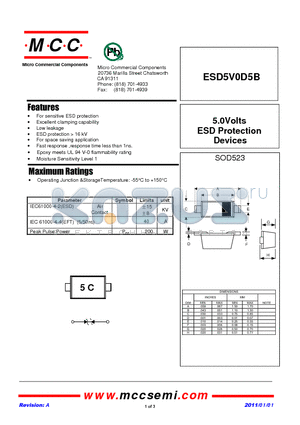 ESD5V0D5B datasheet - 5.0Volts ESD Protection Devices