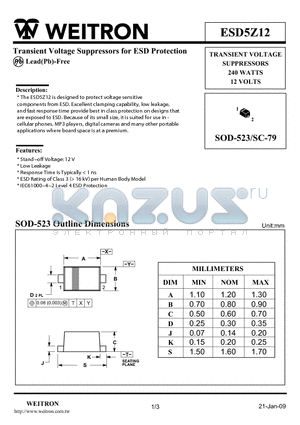 ESD5Z12 datasheet - Transient Voltage Suppressors for ESD Protection