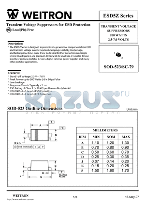 ESD5Z5.0 datasheet - Transient Voltag e Suppressors for ESD Protection 200 WATTS 2.5-7.0 VOLTS